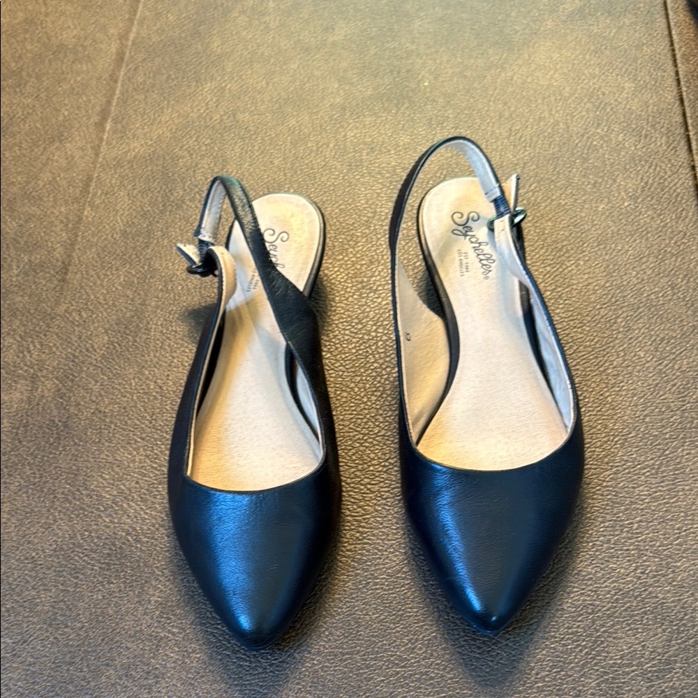 Sophisticated Black Leather Slingback Flats by Seychelles, Size 6